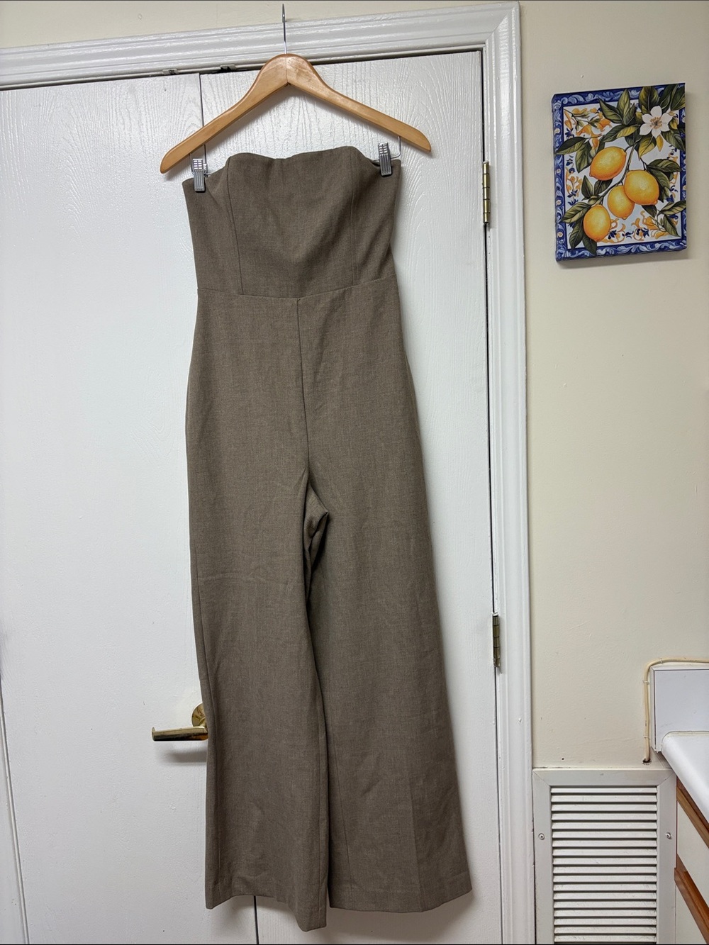 Aritzia Strapless Wide-Leg Jumpsuit in khaki brown